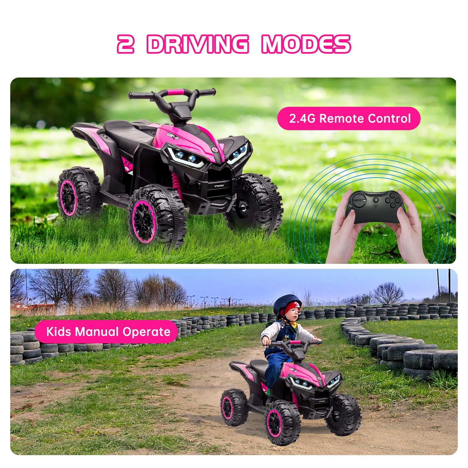 Riedhoff 12V Kids Ride-On ATV, Battery-Powered, LED Lights,High/Low Speed,USB,Treaded Tires,Pink