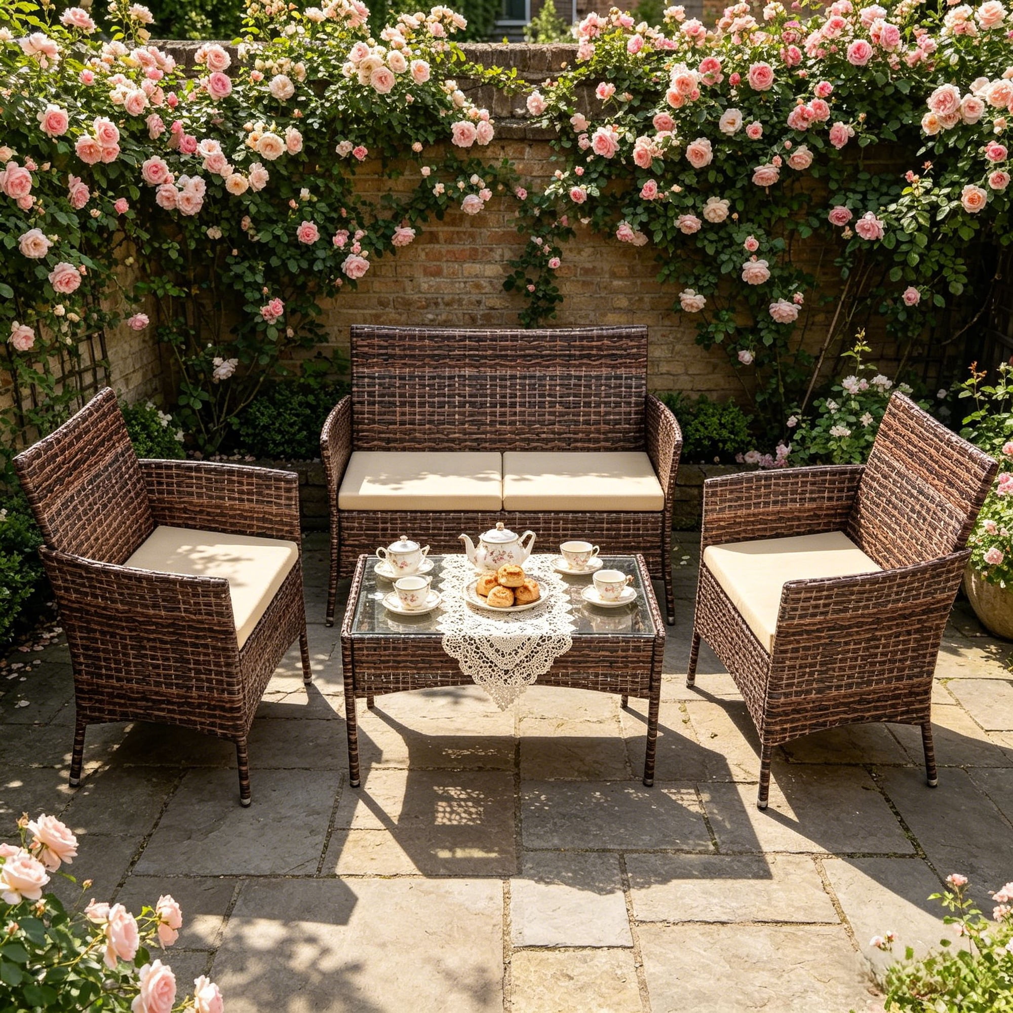 Ktaxon 4 Piece PE Rattan Wicker Outdoor Patio Conversation Set with Glass Coffee Table and Beige Cushions, Brown Gradient