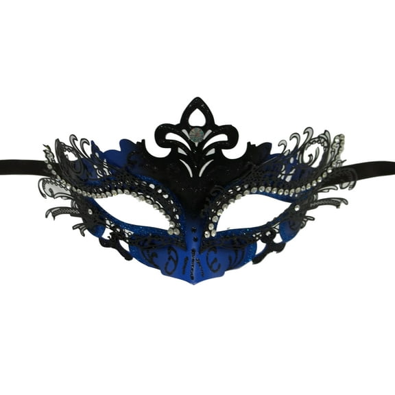 Blue Black Laser Cut Metal Filigree Venetian Mask Masquerade Rhinestone Gem