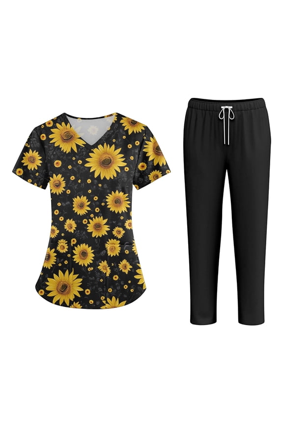 Scrubs for Women Scrub Set - V-Neck Scrub Top and Straight Leg Pant, Fashion Print Easy Care Nurse Working Uniforms Yellow M