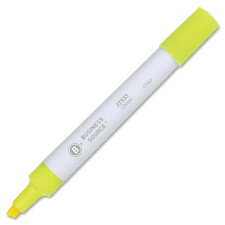 Fluorescent Ink Highlighter - Business Source Highlighter - Chisel Marker Point Style - Fluorescent Yellow Ink - White Barrel - 12 / Dozen (BSN37533)