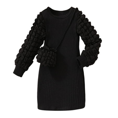 Odeerbi Kids Girls Puff Sleeve Bodycorn Dress with Cute Bag Spring Fall Party Mini Knit Dress Long Sleeve Ribbed Solid Color Dress with Bag Set Kids Clothes Black