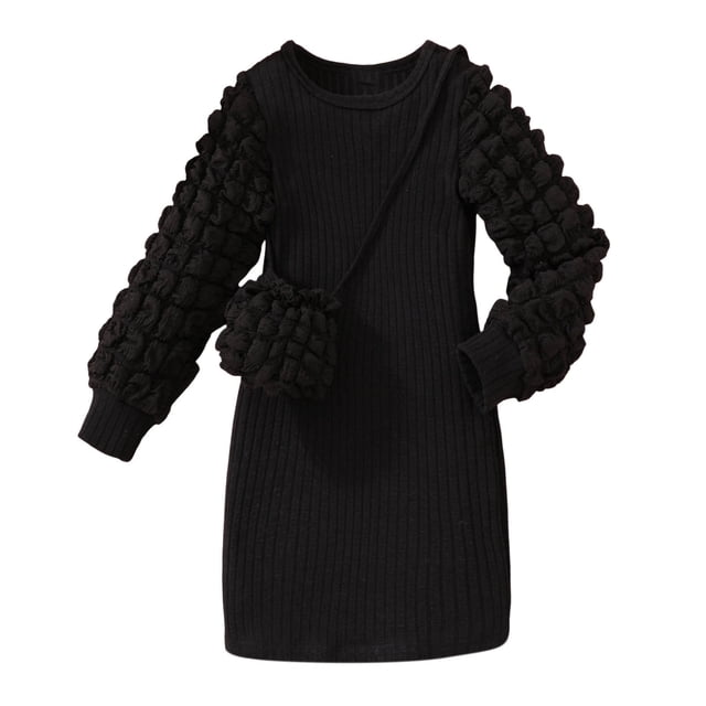 COM1950s Long Sleeve Dress, Girls Dress Up, Small and Medium-Sized Girls Fashionable Long-Sleeved Puff Sleeves with Ribbed Solid Color Dress with Bag, Baby Girl Dress, Dress with Sleeves