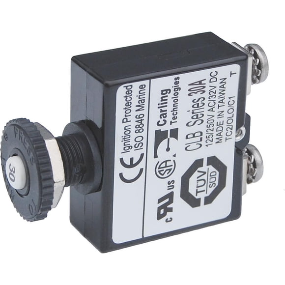 Blue Sea Circuit Breaker 2136-BSS 30 Amps/32 Volts DC; Thermal Type; No 8 Screw Terminal; Push Button Manual Reset; Single