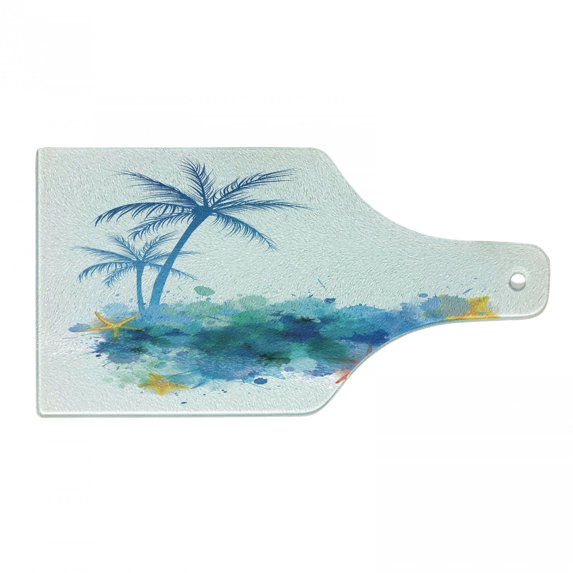 Seashells Cutting Board, Summer View Watercolors Coconut Palm Trees and Splashes Hiding Starfishes Print, Tempered Glass Cutting and Serving Board, Wine Bottle Shape, Blue White, by Ambesonne