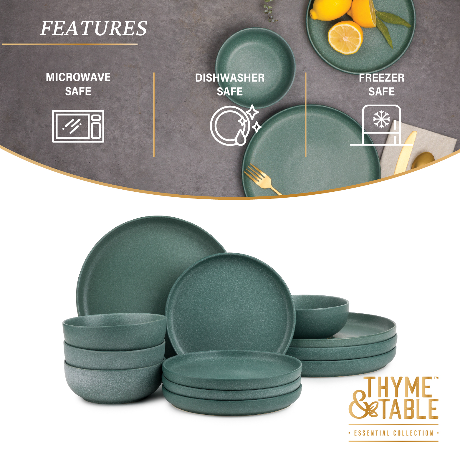 Thyme & Table 12-Piece Stoneware Dinnerware Set, Caspian Green - image 5 of 6