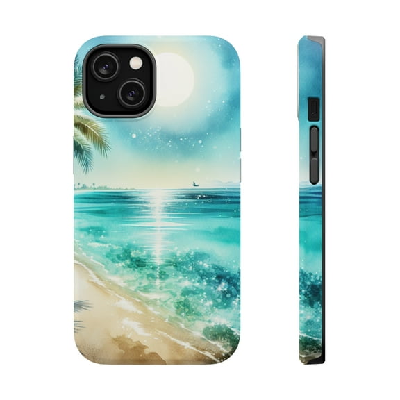 DistinctInk Tough Case for Apple iPhone 15 (6.1" Screen), Compatible with MagSafe Charging - "Serene Beach Bliss: A Watercolor Oasis"
