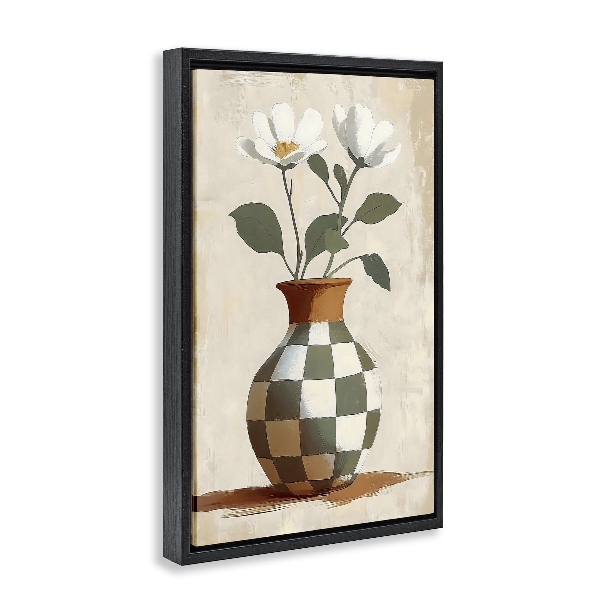 Stupell Industries Checkboard Green Flower Vase Black Framed Floater Canvas Wall Art, design by Creative Studio