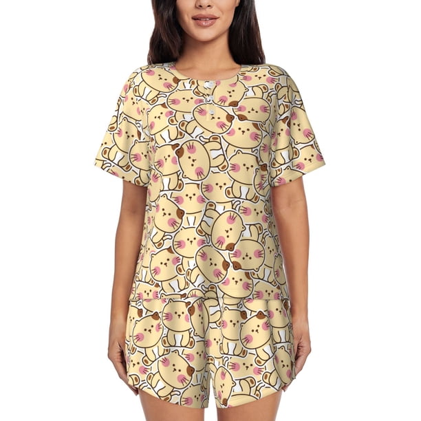 Balery Cute Cats 4 Conjunto de Pijama para Mujer con Estampado, Dos Piezas de Manga Corta y Shorts, Ropa de Dormir Suave con Cuello Redondo y Bolsillos-Small