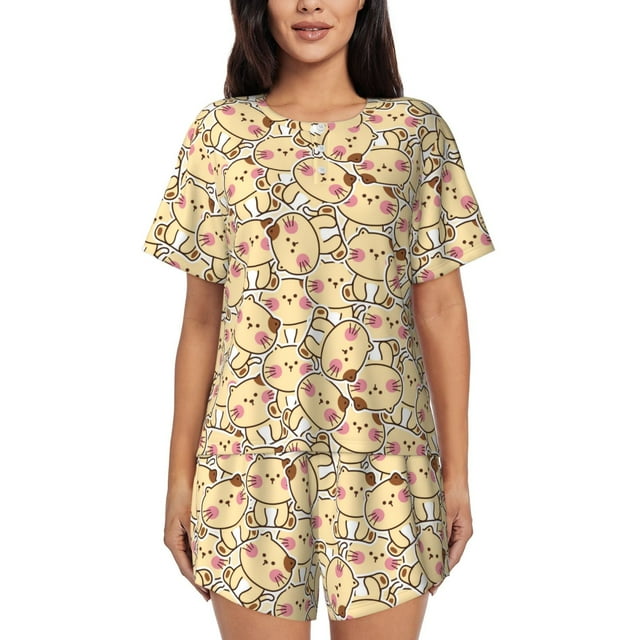 Vsdgher Chats Mignons 4 Motifs Pyjamas pour Femmes 2 Pcs Ensemble de Nuit à Manches Courtes, Ensemble de Pyjamas d'Été Doux Ensembles de Détente Décontractés, 2 Pcs Pj-4X-Grand