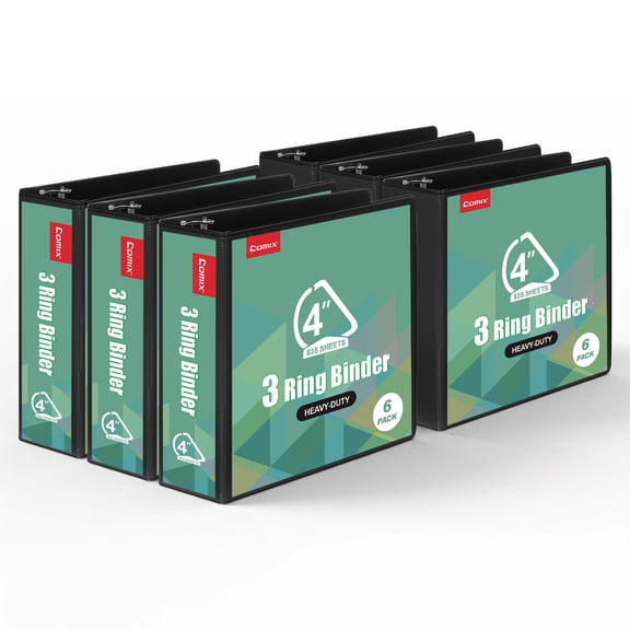 Comix Heavy-duty 4 Inch 3 Ring Binder with Clear Cover, D Ring, 835 Sheets Capacity, Office School Supplies, 6-Pack Black