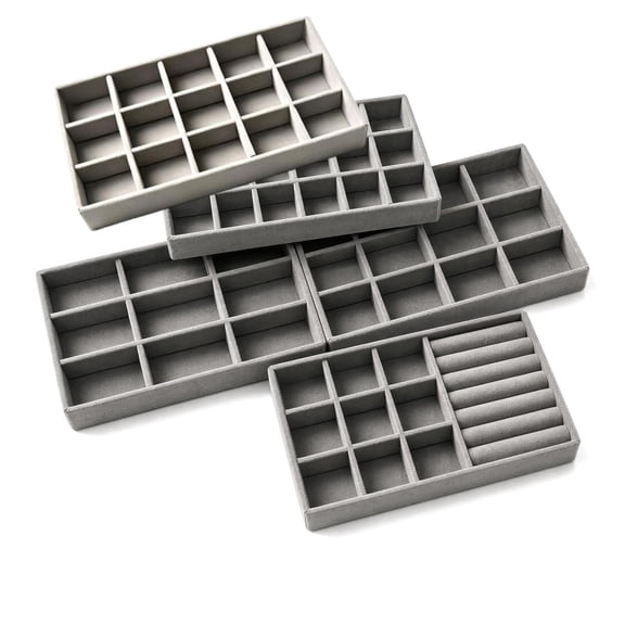 Set of 5 Stackable Velvet Jewelry Trays Organizer, Jewelry Display Storage Box Showcase Holder Dresser Drawer Organizer for Earring Necklace Bracelet Ring Accessory, Grey