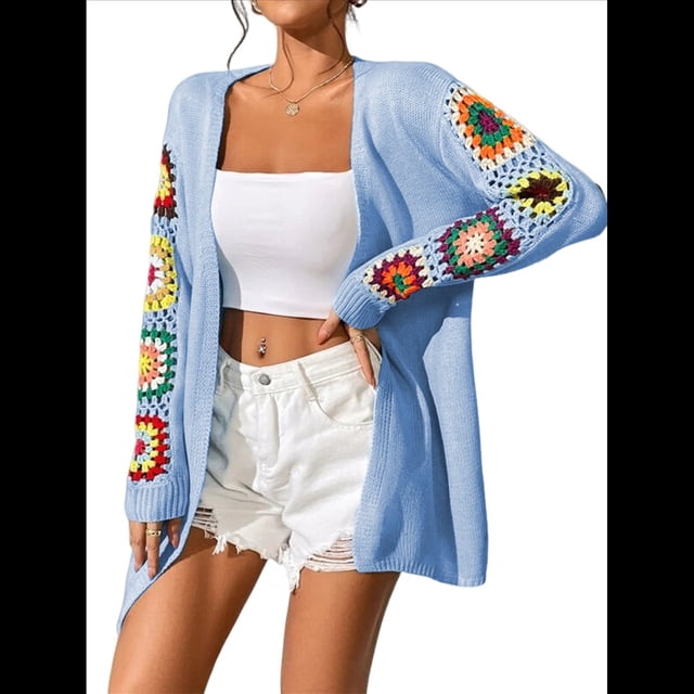 Suéter Cárdigan Informal de Punto de Larga con Estampado Floral Bohemio de Crochet 2025 Azul M