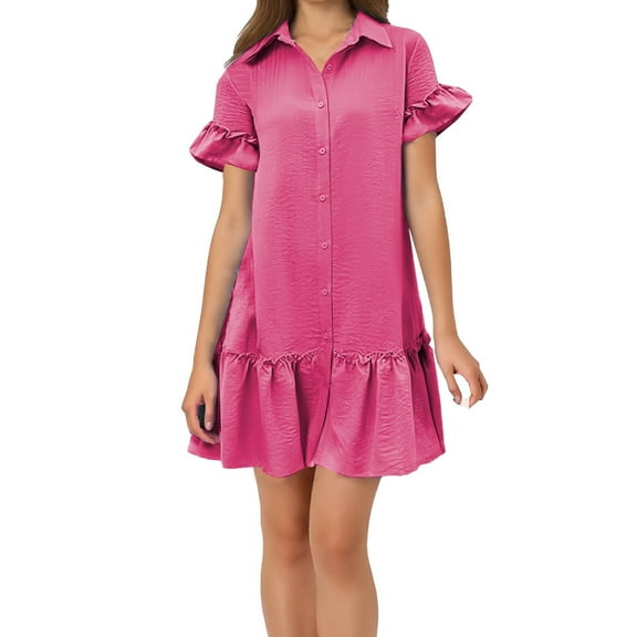 QHFBli Womens Summer Button Down Shirt Dress Casual Ruffle Sleeve Shift Mini Dresses with Pockets