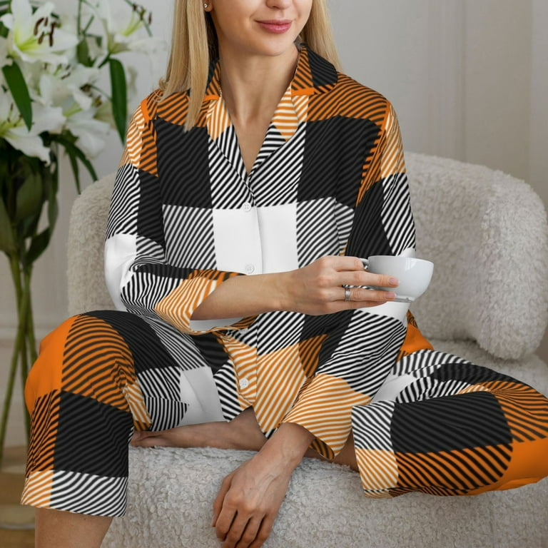 Kll Orange Plaid Print Women\'S Long Sleeve Pajamas With Pants Sleepwear  Loungewear 2 Set-Small