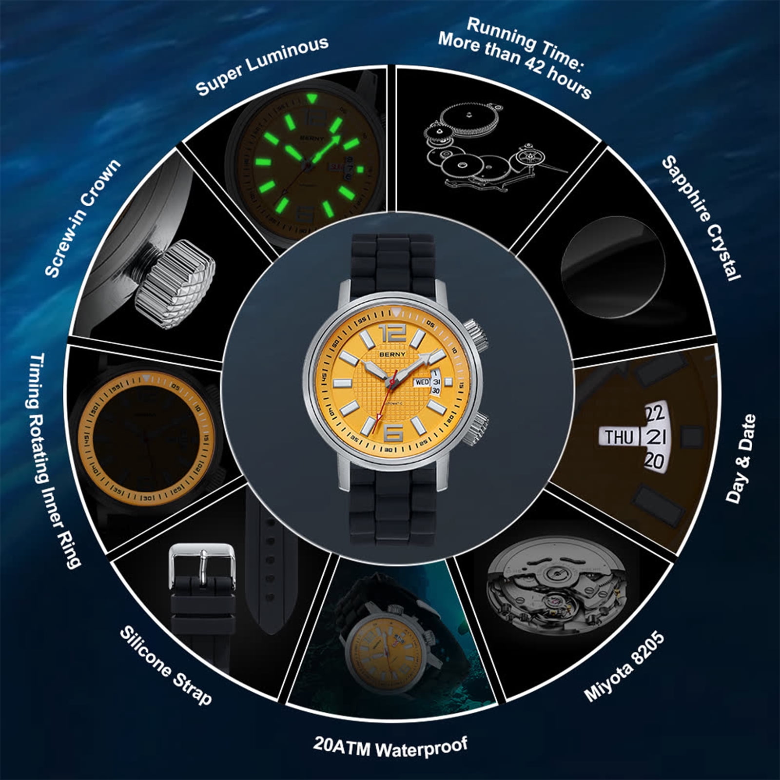 BERNY Automatic Dive Watches for Men, Sport 200M Waterproof Analog Mechanical Watch with Day & Date, Super Luminous, Silicone Strap, Stainless Steel, Sapphire Crystal, Men's Pro Diver Watch (Yellow)