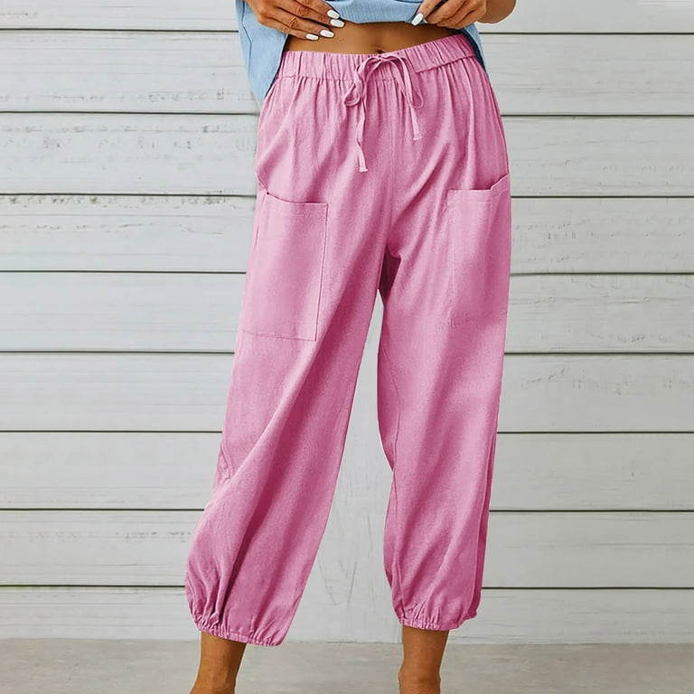 Vekdone Sales Today Clearance Prime Under 5 Dollars Linen Pants Women Summer 2023 Elastic High Waist Casual Loose Fit Work Pants with Pockets Wide Leg