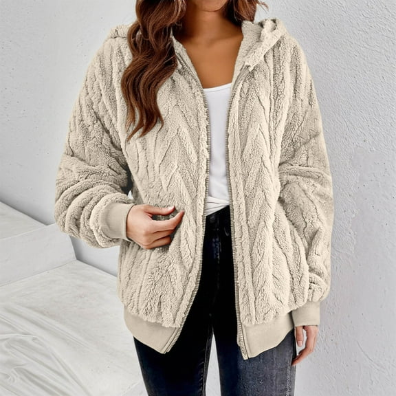 Elvqul Womens Jacket Hooded Outerwear Sherpa Long Sleeve Sweaters Thick Coat for Women