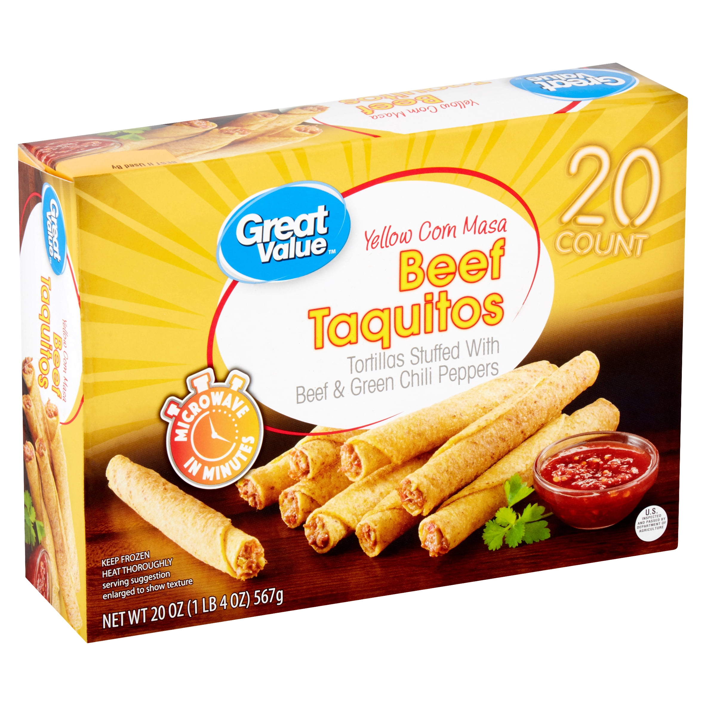 Great Value Yellow Corn Masa Beef Taquitos, 20 count, 20 oz Walmart