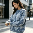 thumbnail image 3 of Dweltoz Women's Oversized Argyle Sweater Crew Neck Long Sleeve Knit Pullover Top Loose Fit Preppy Casual Fall Winter Clothes,Light Blue M, 3 of 4