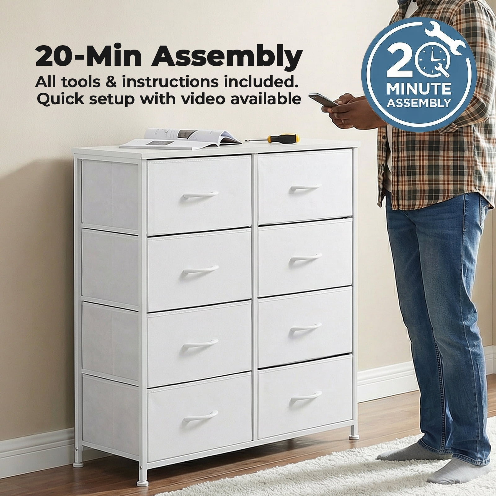 Alvantor Tall Dresser Fabric Storage Tower ,Wooden Top for Kid Room, Closet, Entryway, Nursery