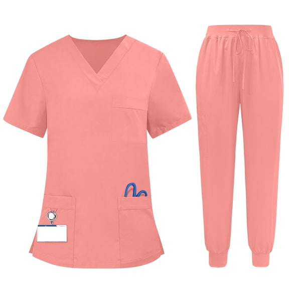 Fgvctg Jogger Scrubs for Women Plus Size Nursing Uniforms Stretchy V-Neck Yoga Scrub Pants and Tops Jogger Scrubs Medical Uniforms Tall Scrubs Pink 2XL