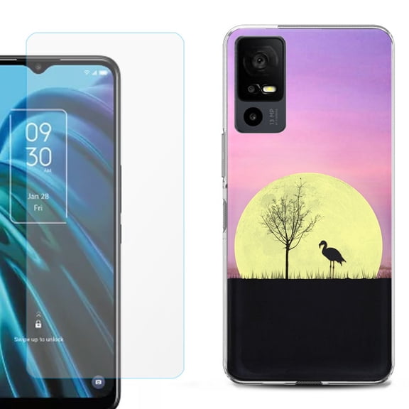 OneToughShield ® for TCL 40 XE 5G Shockproof Fashion Phone Case, with Tempered Glass Screen Protector - Moonlight Flamingo