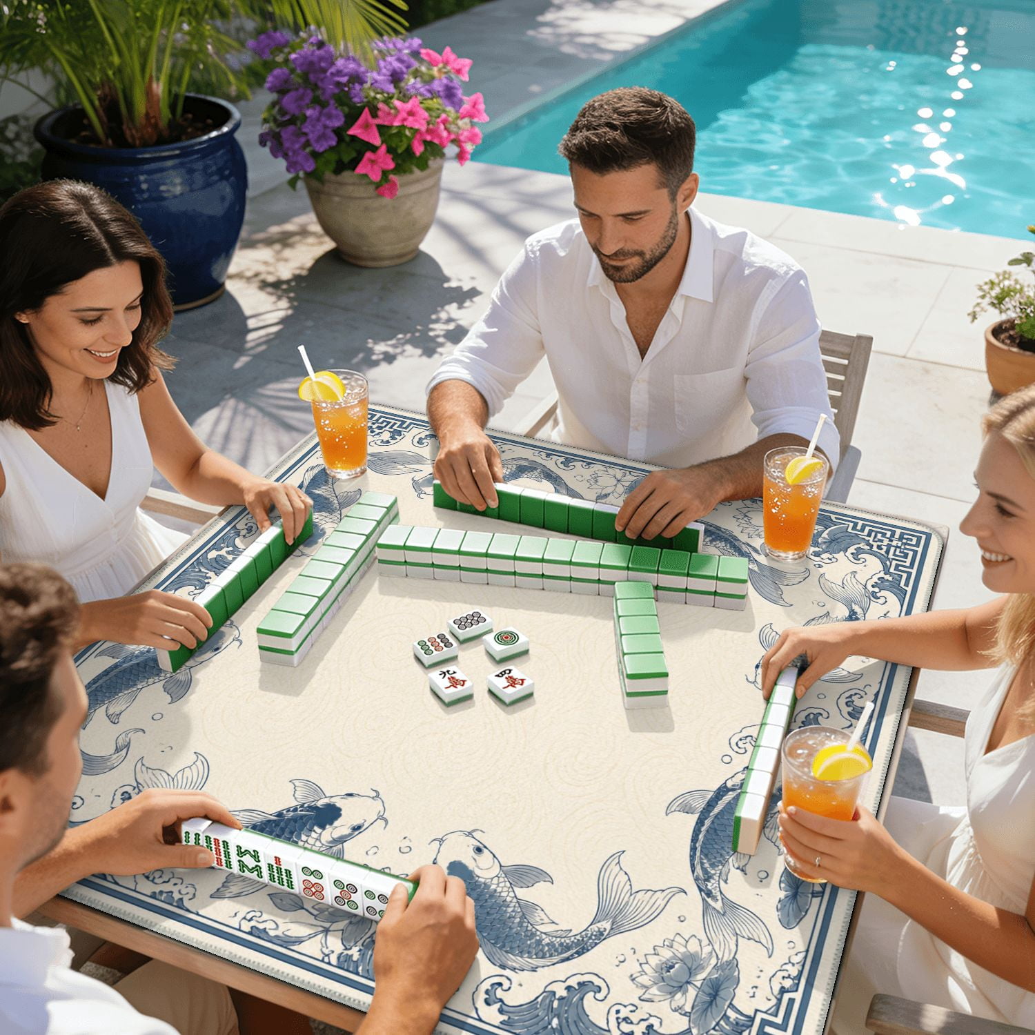 Mahjong Mat 31.5" x 31.5" Blue White Fish Floral Water Elements Non-Slip Noise Reduction American Mahjong Tiles Table Cover for Dominoes Poker Card Board Games Gift