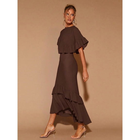 Brown Womens Tiered Ruffle Hem Midi Dress With Flared Short Sleeves, Round Neck, Elegant For Evening Or Cocktail