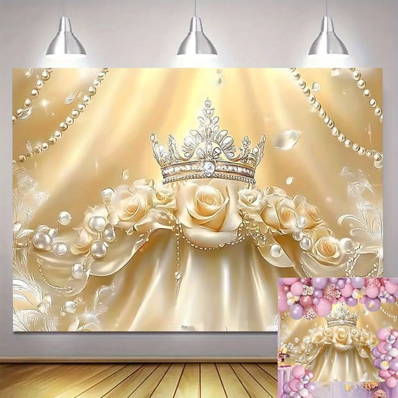 Luxurious Golden Crown Wedding Backdrop Gold Rose Satin Curtain Bridal Shower Photography Background Glittery Pearls Crystals Birthday Party Decorations Banner Supplies Photo Booth Props