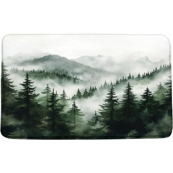 Green Misty Forest Bath Mat Foggy Mountain Jungle Pine Tree Watercolor Nature Landscape Rustic Farmhouse Bathroom Rug Indoor Carpet Doormat 16x24 Inch