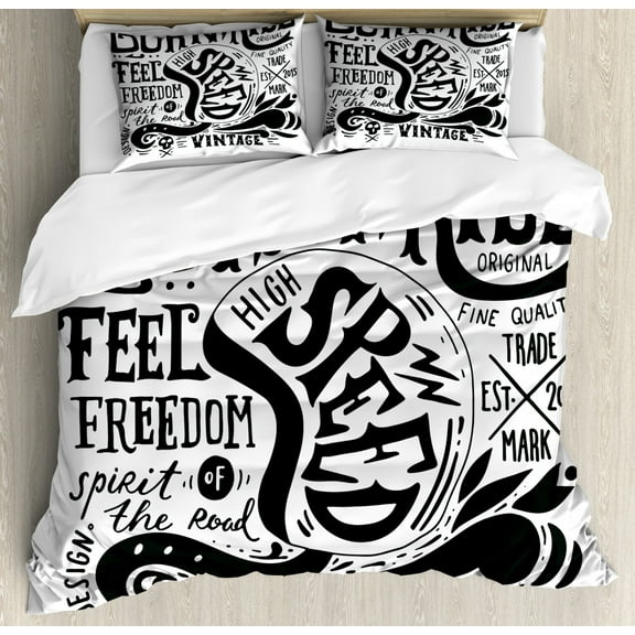 Motorcycle Duvet Cover Set King Size, Born to Ride Spirit of the Road Messages Grunge Biker Culture Monochrome, Decorative 3 Piece Bedding Set with 2 Pillow Shams, Black and White, by Ambesonne