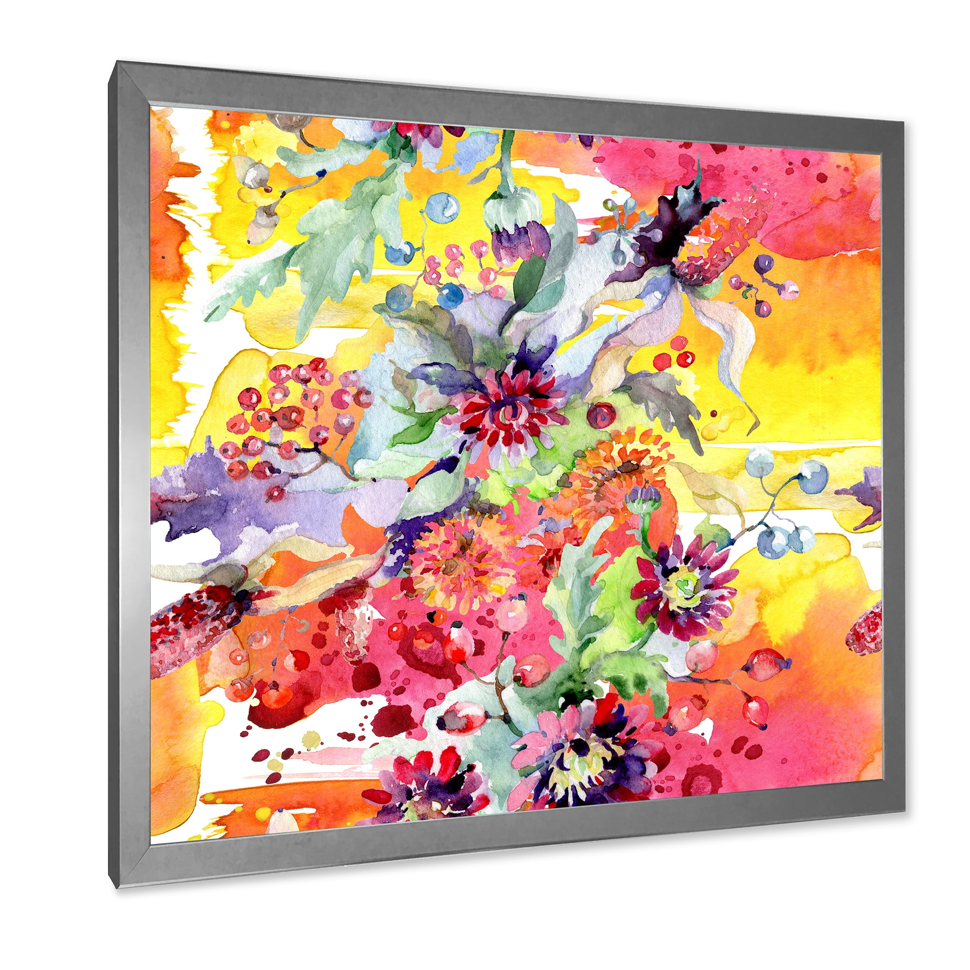 Wildflowers and Vibrant Wild Spring Leaves 30 in x 30 in Framed Painting Canvas Art Print, by Designart