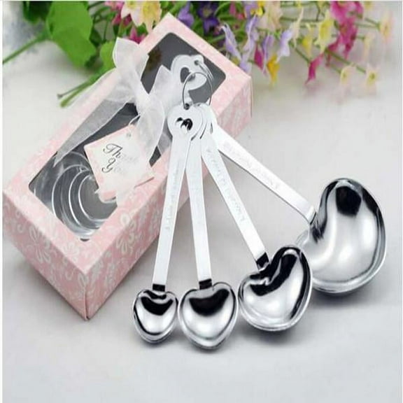 Balsa Circle Set 4 Silver Double Heart Measuring Spoons Gift Box Wedding Party Favors Gifts Decorations