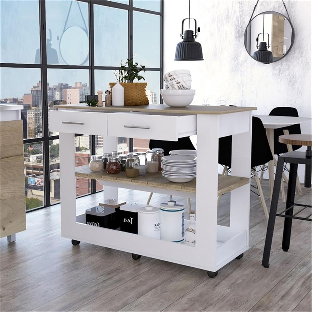 FM FURNITURE Brooklyn 46 Kitchen Island with Two Drawers Engineered Wood White