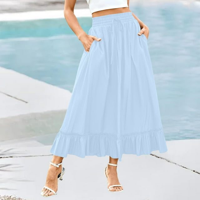Tidyack,Solid Color Women Skirt, Elastic Waist Drawstring, Mid Length Ruffle, Casual Styling, Daily Wear, Versatile Fashion, Lightweight Cotton Blend, for Office/Travel, Easy Care, Fashion Skirt