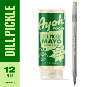 Ayoh Foods Dill Pickle Mayo with pen