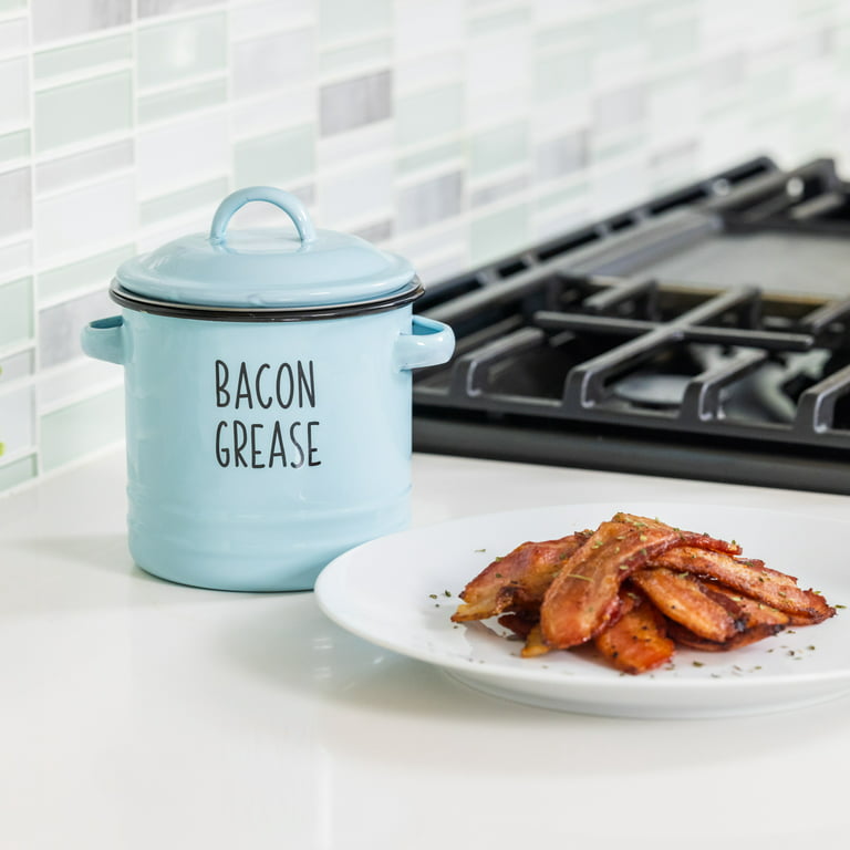 Bacon Grease Container with Mesh Strainer - Rustic Blue Enamelware Mid-Century Modern Farmhouse Design