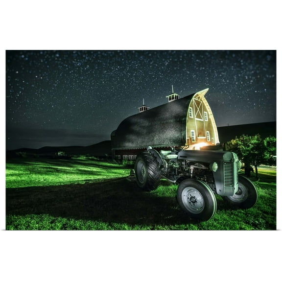 Great BIG Canvas | Rolled Scott Stulberg Poster Print entitled Old tractor and red barn after dark in the Palouse, Washington