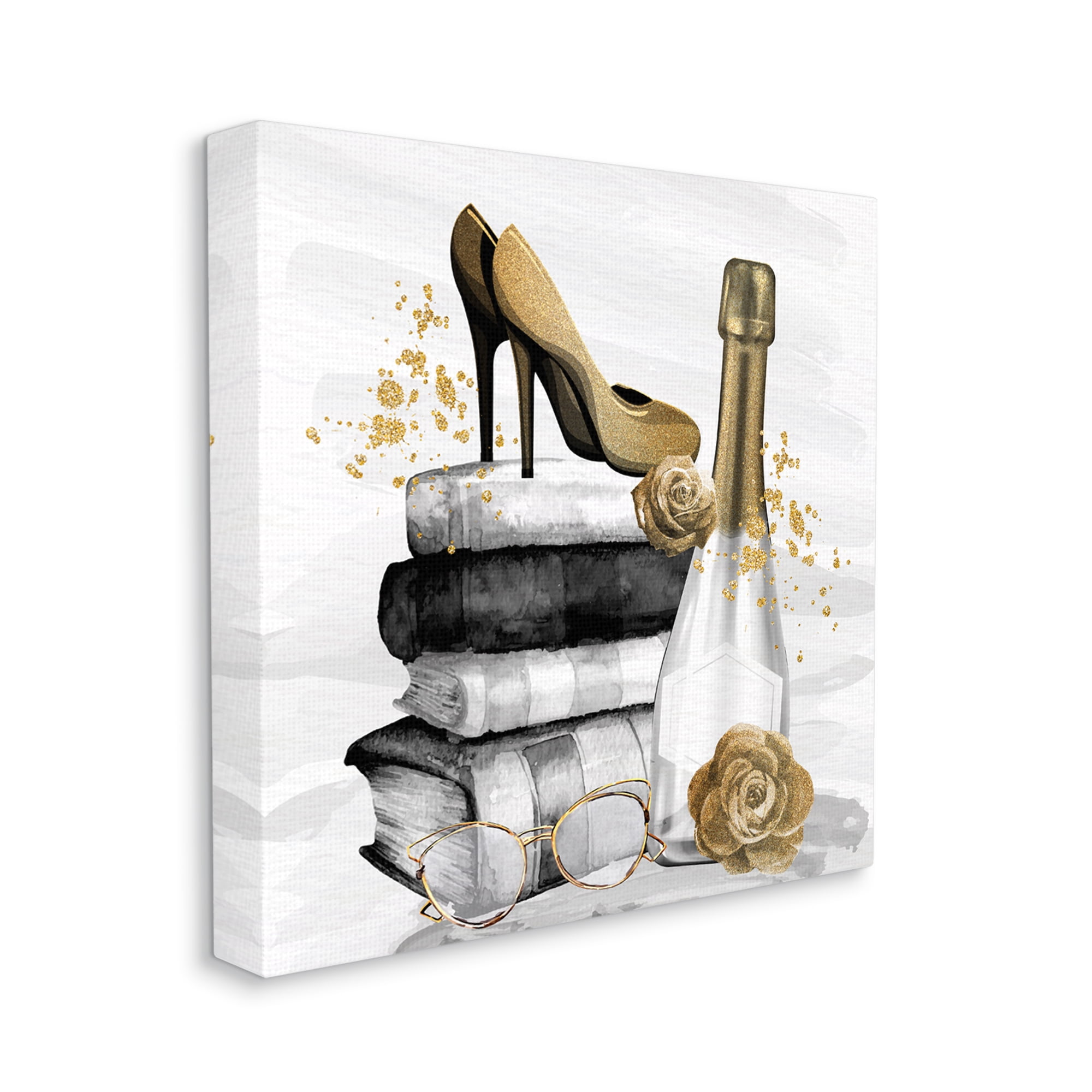 Stupell Industries Trendy Fashion Heels Book Stack Dazzling Champagne Graphic Art Gallery Wrapped Canvas Print Wall Art, Design by Kim Allen