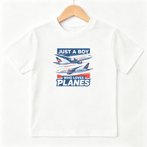 Just A Boy Who Loves Planes Boys Graphic Tee, Cute Airplane Jet Pilot 100% Cotton Kids Short Sleeve T-Shirt 4-13Y