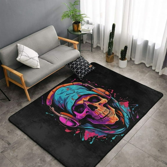 TEQUAN Area Rugs for Living Room Bedroom, Vintage Hip Hop Skull Printed Carpet Non-Slip Door Mat Polyester Floor Mats, 60" x 39"