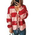 thumbnail image 3 of Women'S Loose Casual V-Neck Long-Sleeved Sweater Jacket Striped Contrast Lace-Up Knitted Cardigan Red XL, 3 of 9