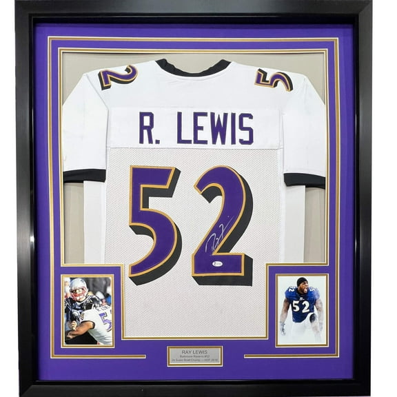 Framed Autographed/Signed Ray Lewis 35x39 Baltimore White Football Jersey JSA COA