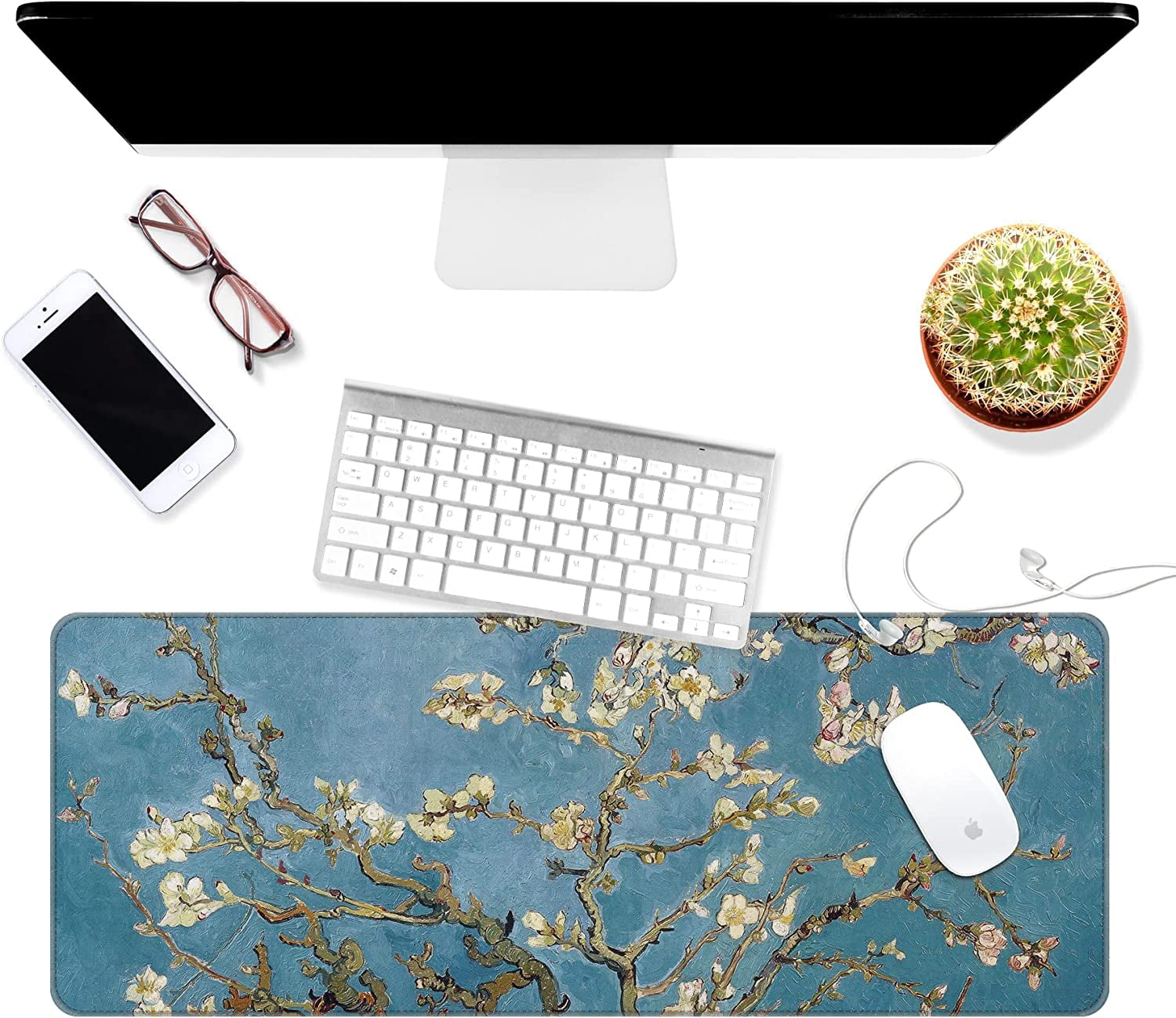 Thin Extended Gaming Mouse Pad （31.5 * 11.8 * 0.08 inch） with Stitched Edges Large Mousepad Long XXL Keyboard and Mouse pad Desk Mat for Gaming Office & Home - Almond Blossom