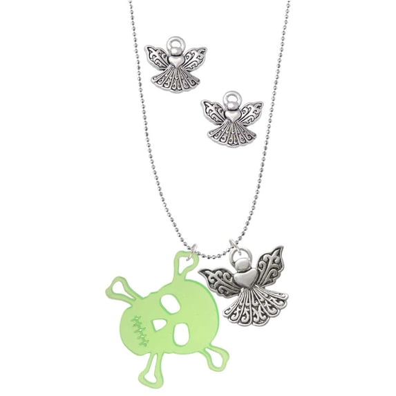 Delight Jewelry Acrylic Large Lime Green Skull Silver tone Guardian Angel Charm Necklace and Stud Earrings