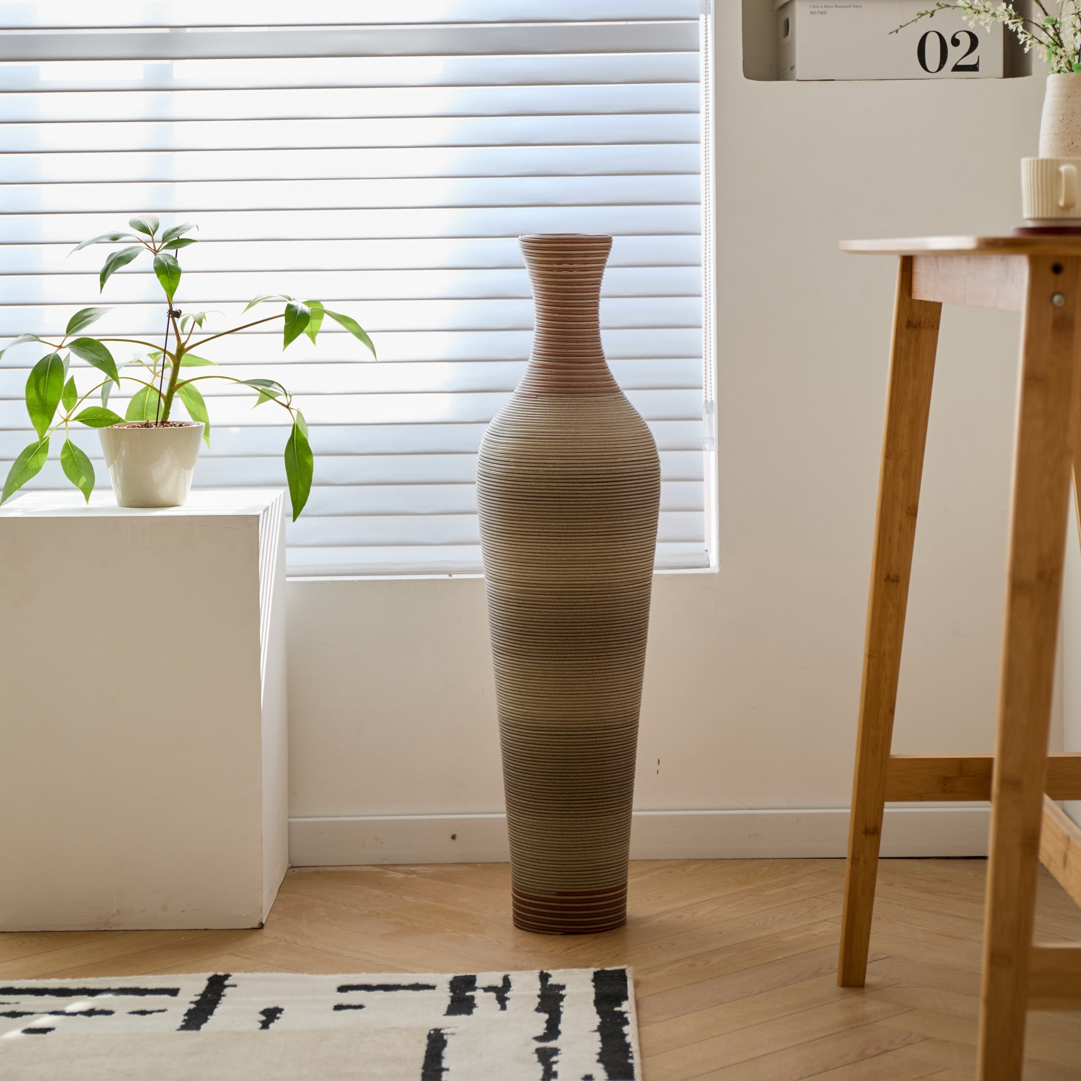 Noble House 39.4" Tall PVC Floor Vase, Hand-Woven Rattan-Like Textured Decorative Vase, Brown+Gray