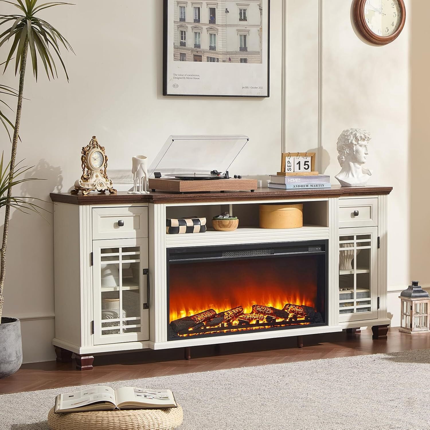 Electric Fireplace TV Stand 70" TV Stand with 36.5" Electric Fireplace, Living Room TV Cabinet with Storage for TVs Up to 80", Led Entertainment Center, Modern Media Console, White