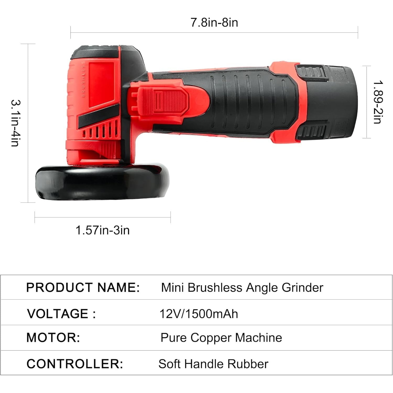 LithiCraft  3 Inch Brushless Angle Grinder Tool, Brushless Motor  12V Cordless Portable Angle Grinder with 2pcs 1500mAh Battery, 19500rpm Handheld Cutter for Polishing Ceramic Tile Wood Stone Steel