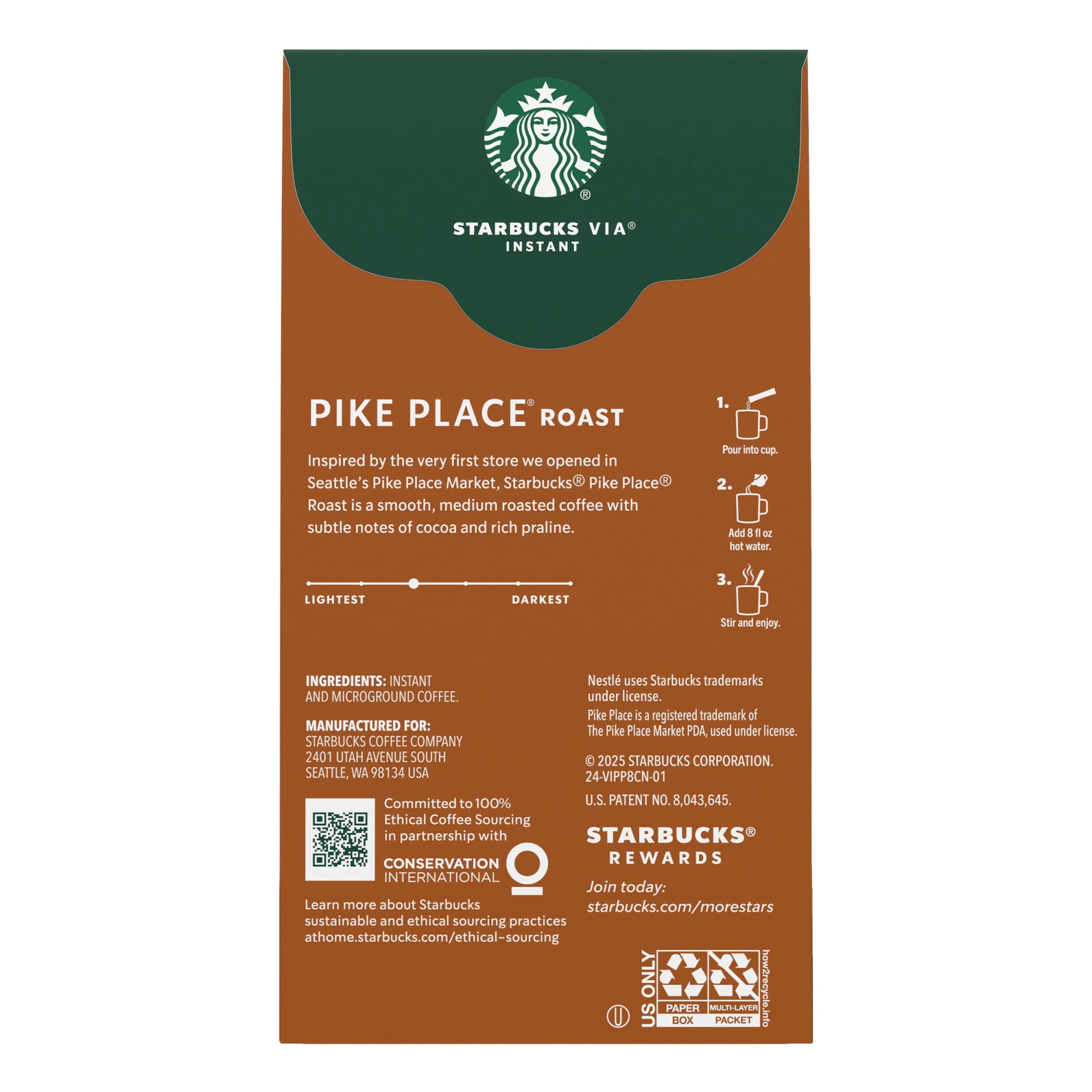 Starbucks VIA Instant Pike Place Roast, Instant Coffee, Medium Roast Coffee, 8 Packets